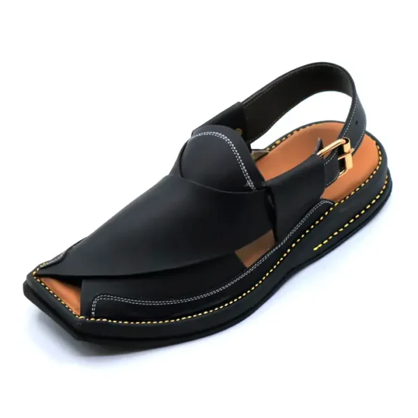 Ultra Soft Medicated Genuine Leather HAND Stitched Peshawari Chappal Black - Image 5