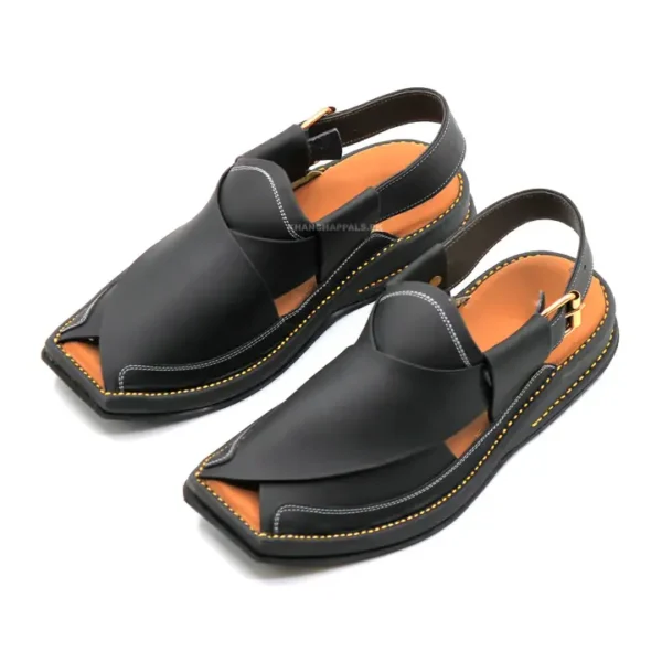Ultra Soft Medicated Genuine Leather HAND Stitched Peshawari Chappal Black - Image 2