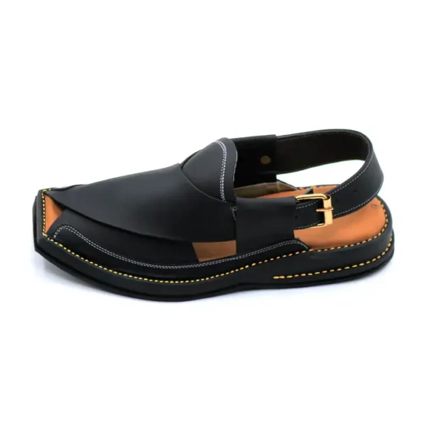 Ultra Soft Medicated Genuine Leather HAND Stitched Peshawari Chappal Black - Image 3