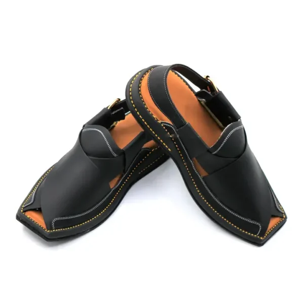 Ultra Soft Medicated Genuine Leather HAND Stitched Peshawari Chappal Black - Image 4