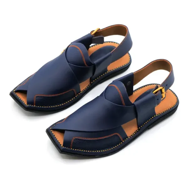 Navy Blue Peshawari Chappal Genuine Leather T-Shape - Image 3