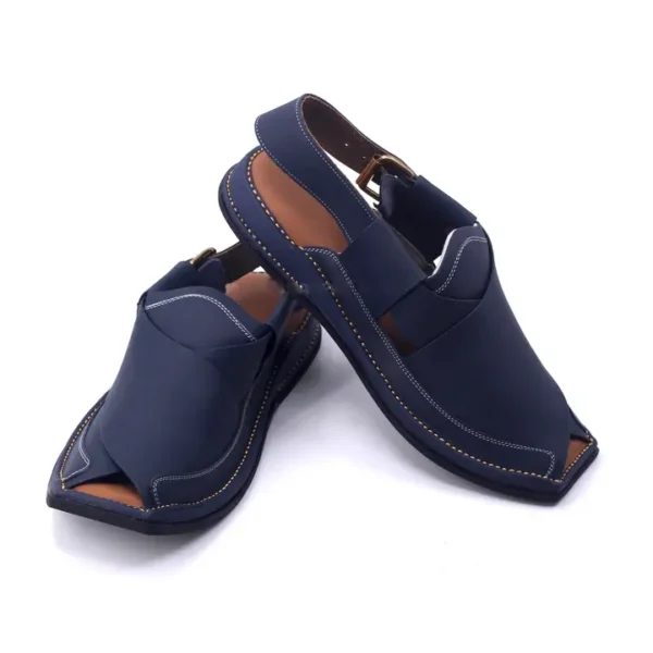 Ultra Soft Medicated Genuine Leather HAND Stitched New Design J Peshawari Chappal Blue - Image 5