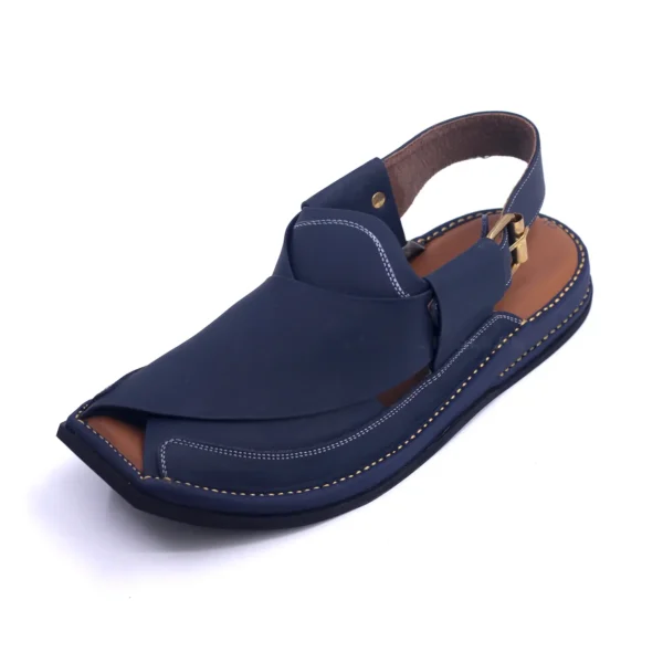 Ultra Soft Medicated Genuine Leather HAND Stitched New Design J Peshawari Chappal Blue - Image 2