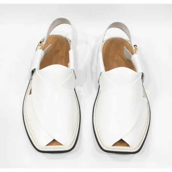 Premium Quality White Leather Hand Stitched Peshawari Chappal - Image 2